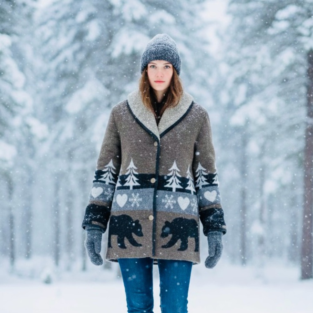 Brown Bear and Tree Pattern Pea Coat